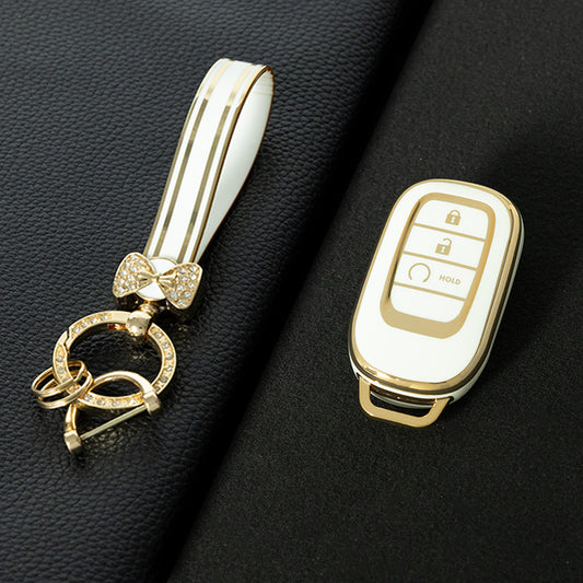 HOB3T1 White-Gold Plating Car Key Cover TPU Remote Key Fob Cover 4-button Car Key Case Protective Accessories Suitable for Honda Accord Civic HR-V CR-V Pilot Odyssey