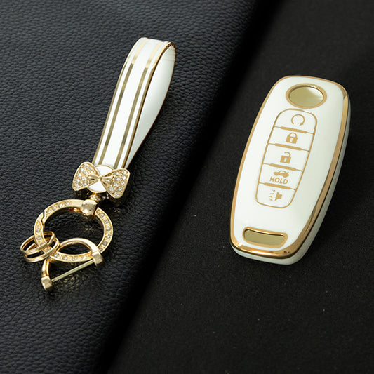 NIA3T1 White-Gold Plating TPU Car Key Cover Soft Key Shell Fob Holder Suitable for Nissan Sylphy Bluebird Teana X-Trail Murano GTR