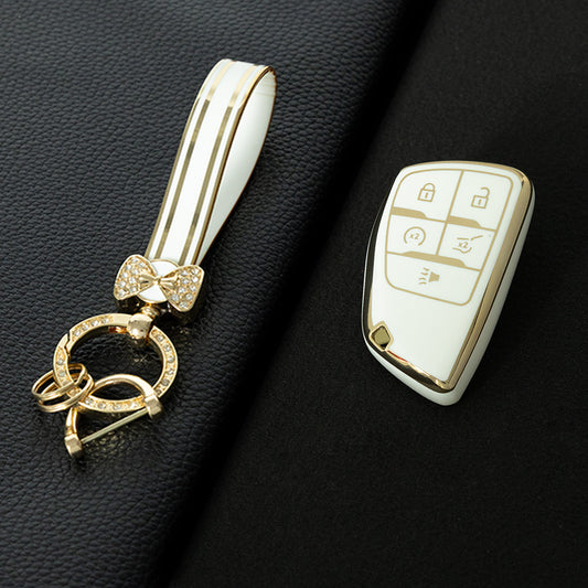 CEV3T1 White-Gold Plating Car Key Cover Tpu Car Key Case Fob Cover Shell for Chevrolet Tahoe Suburban for GMC Yukon for Buick ENVISION S Plus Avenir 2020 2021 2022 2023