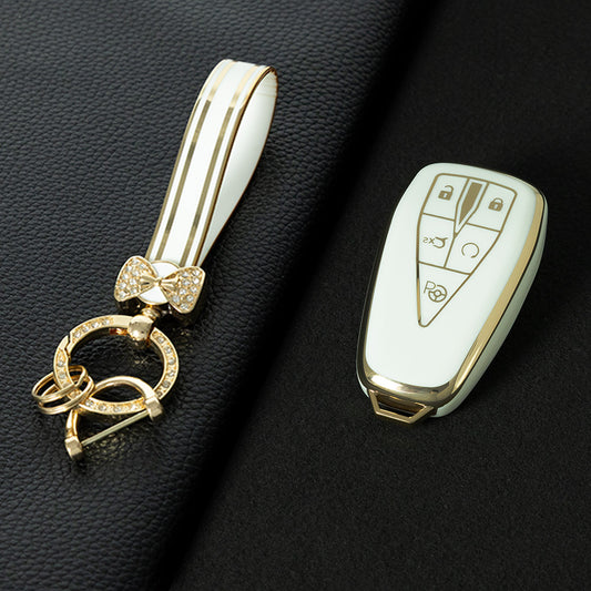 CHC3T1 White-Gold Plating Car Key Cover Soft TPU Car Key Case Cover Shell Sleeve Protector for CHANGAN CS75 Plus Unit Univ CS35 CS55 OSHAN X5 X7 Key Rings Keychain Bag