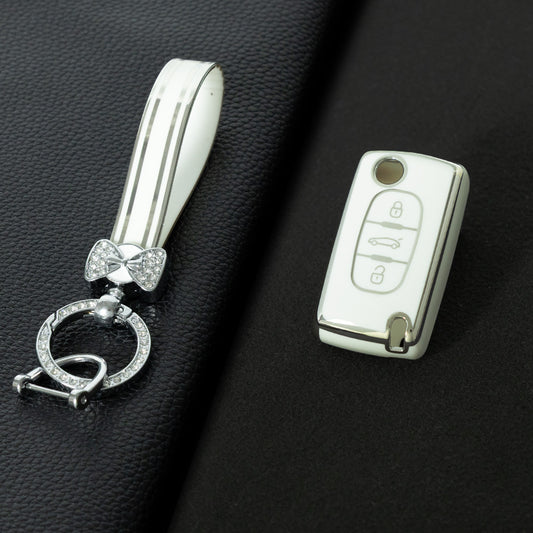 PUE1T1 White-Silver Plating Car Key Cover TPU Premium Soft Car Key Case Cover Shell for Peugeot 307 Citroen 308 Versailles 207 C5X Sega Key Rings Keychain Bag Accessory