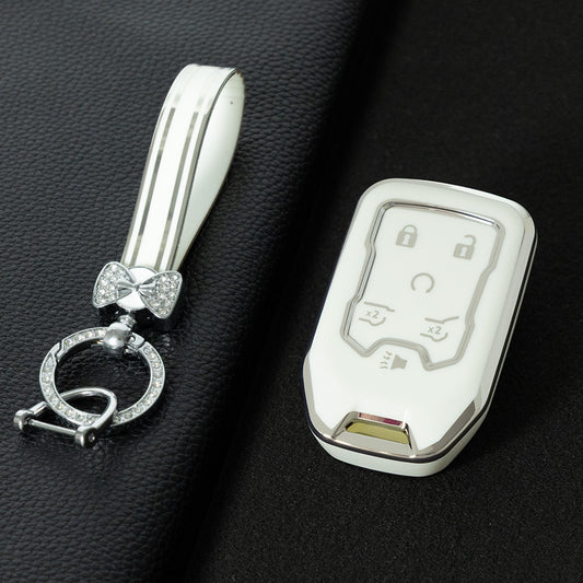 CEB2T1 White-Silver Plating TPU Car Key Case Cover for Chevrolet Colorad Silverado GMC Sierra 1500