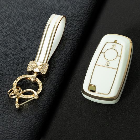 FOB2T1 White-Gold Plating TPU Car Key Cover Fob Fit for Ford F-150 F-250 F-350 Ecosport Edge Explorer Fusion Mustang