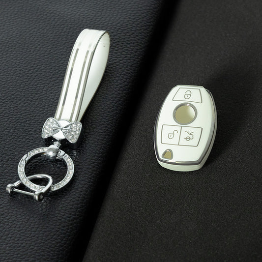 MEC1T1 White-Silver Plating Car Key Cover Premium Soft TPU Car Key Case Cover Shell for Mercedes Benz C260L C200L A180L GLC260 GLA E300l CLASS Key Rings Keychain Bag