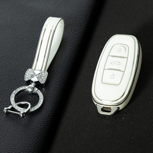 HNC1T1 White-Silver Plating Soft TPU Car Key Case Cover Shell for Hongqi BESTURN B50 B70 E-HS3 H5 H7 Saloon H9 HQ3 HS5 HS7 SHENGSHI Key Rings Keychain Bag