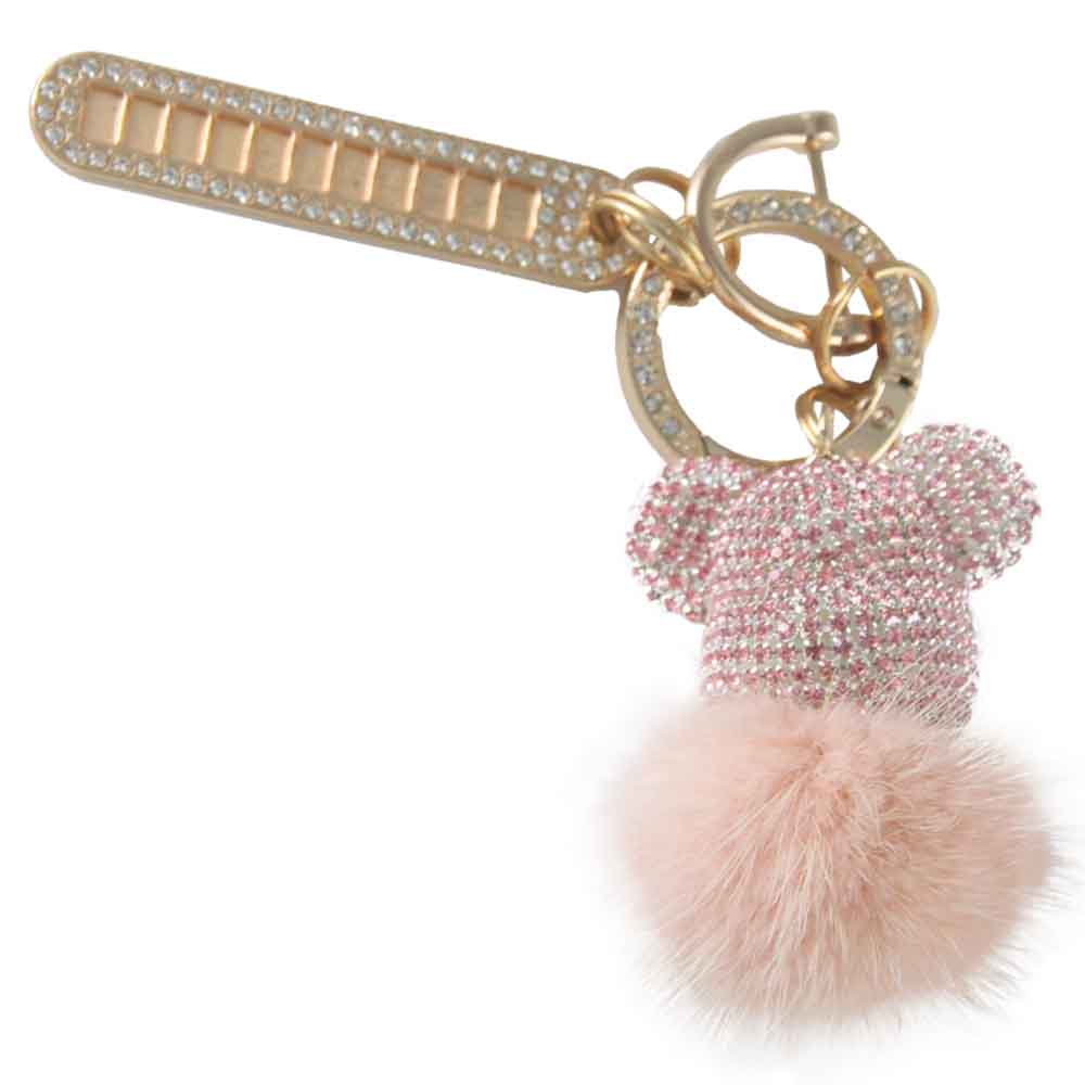 Cartoon Teddy Bear Fluffy Fur Pompom Ball Glitter Crown Keychain Unique Ladies' Bag and Car Key Pendant with Rhinestones