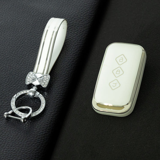 WUE1T1 White-Silver Plating Car Key Cover Premium Soft TPU Car Key Case Cover Shell for SGMW WULING Mitsubishi Starvinge XINGWANG Key Rings