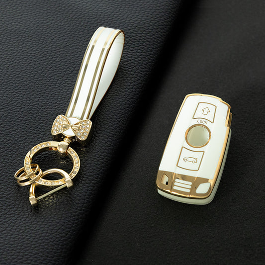 BMD1T1 White-Gold Plating Car Key Cover TPU Car Key Case Cover Shell Fob for BMW E60 E61 E70 E81 E87 E90 E91 E92 X1 X5 X3 1 3 5 6 Series Z4 Key Protection Accessories