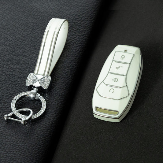 BYA1T1 White-Silver Plating Car Key Cover TPU premium soft car key cover for BYD Song Plus, Qin DMI, Han EV Yuan Pro, Tang ATTO, with 3 key rings and key chain pouch accessories.