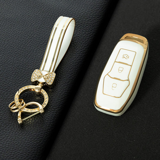 FOU3T1 White-Gold Plating Soft Shell Fob Holder TPU Car Key Cover Case for Ford Fusion Mondeo Mustang F-150 Explorer Edge 2015 2016
