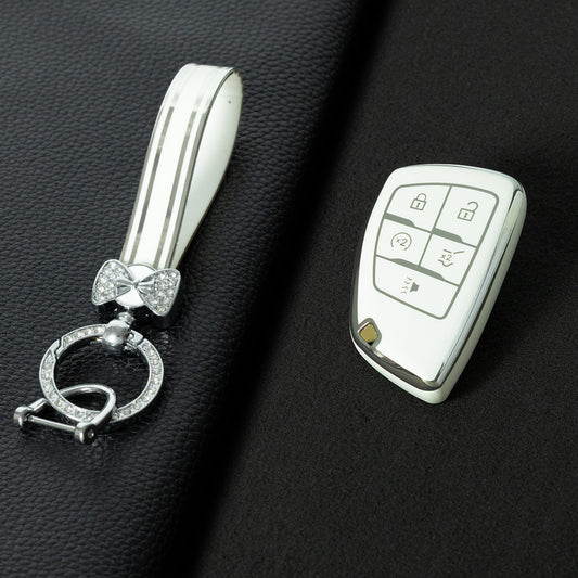 CEV3T1 White-Silver Plating Car Key Cover Tpu Car Key Case Fob Cover Shell for Chevrolet Tahoe Suburban for GMC Yukon for Buick ENVISION S Plus Avenir 2020 2021 2022 2023