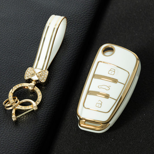 AUD1T1 White-Gold Plating Car Key Cover For Audi Q3 Q7 Q5 TT Q2L A3 A1 Fold Key Rings Keychain Bag