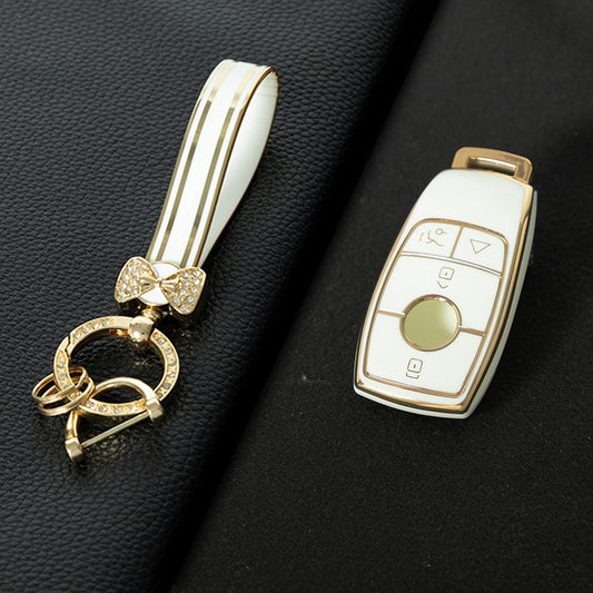 MEB4T1 Black-Gold Plating Mercedes-Benz New Euro/C200L/GLC260L Car Key Cover TPU Protection Buckle Case for E-Class E300L Waterproof Fashion Model