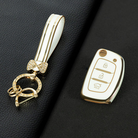 HYF2T1 White-Gold Plating Car Accessories TPU Remote Car Key Case Cover Auto Key Shell Fob Holder Compatible with Hyundai Ix25 Ix35 Elantra Mistra