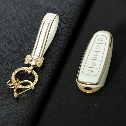 FOJ2T1 White-Gold Plating TPU Car Key Case Cover for Ford 2011 2012 2013 EDGE Lincoln Navigator