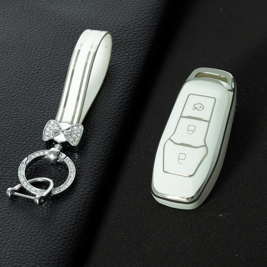 FOU3T1 White-Silver Plating Soft Shell Fob Holder TPU Car Key Cover Case for Ford Fusion Mondeo Mustang F-150 Explorer Edge 2015 2016
