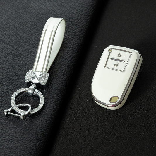 TOI2T1 White-Silver Plating 2 Buttons TPU Car Key Cover Case for Toyota Yaris HAIs 2020 Hiace 200 Sienta