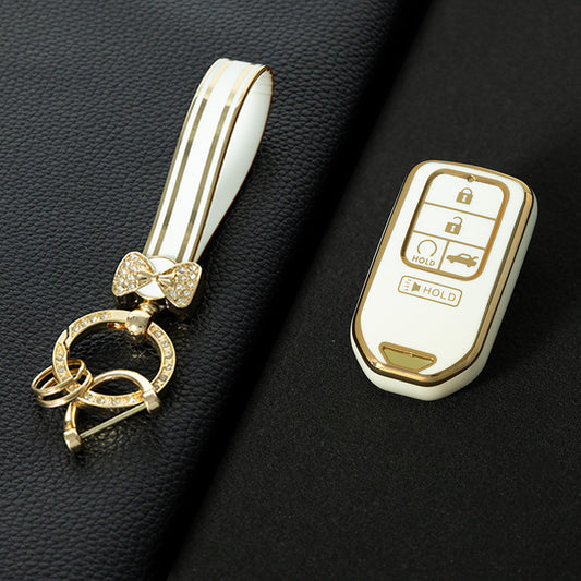 HOA6T1 White-Gold Plating Car Key Cover New Soft TPU Car Remote Key Case Cover Shell Fob for Honda Civic Vezel City Jade Pilot Jazz BRV XRV HRV Fit Odyssey Accessories