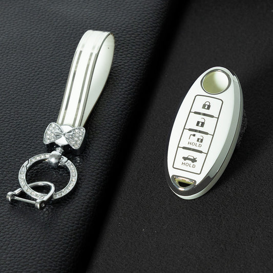 NIB9T1 White-Silver Plating TPU Car Key Case Cover for Nissan Note Qashqai Pathfinder Rogue Versa Infiniti Q50 Kia