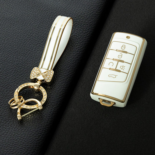 TRA2T1 White-Gold Plating Car Key Cover TPU Premium Soft Car Key Case Cover Shell for Trumpchi GA4/8/6 GS3/GS5/4COUPE/GS8 M6 M8 Key Rings Keychain Bag Accessory