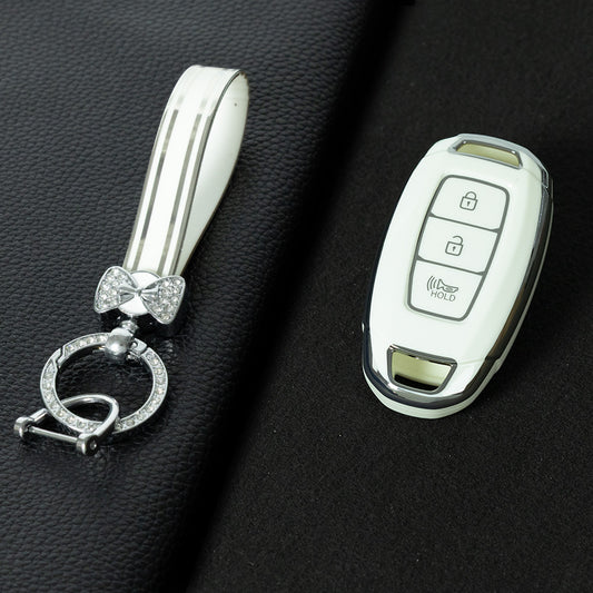 HYA2T1 White-Silver Plating TPU Car Key Case Cover for Hyundai Solaris 2021 Accent Ix25 Creta 2020 Elantra Tucson Verna I20