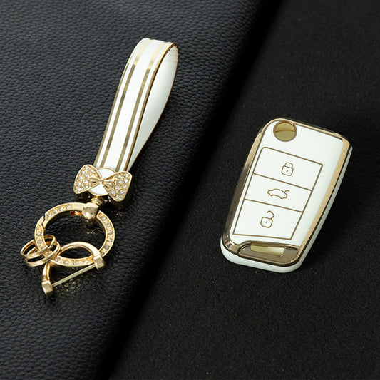 VOF1T1 White-Gold Plating TPU Premium Soft Car Key Case Cover Shell for Volkswagen Tiguan L Lavida Plus Golf 7 Polo Skoda Key Rings Keychain Bag Accessory
