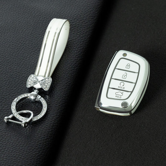 HYD4T1 White-Silver Plating TPU Car Key Case Cover for Hyundai Ix25 Ix35 I10 I20 Solaris Tucson Sonata Santa Fe Sport Elantra Creta Verna