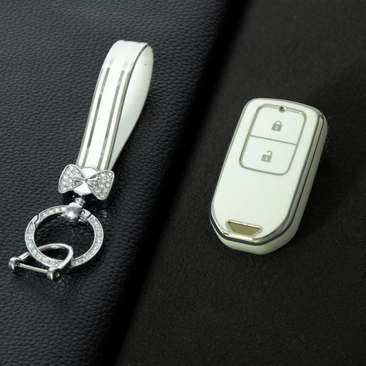 HOA2T1 White-Silver Plating Car Key Cover 2/3/4/5-Button Full-Coverage TPU Key Cover for Honda CR-V/Accord/Civic/Fit/Jade/Odyssey - Anti-Scratch Protective Case
