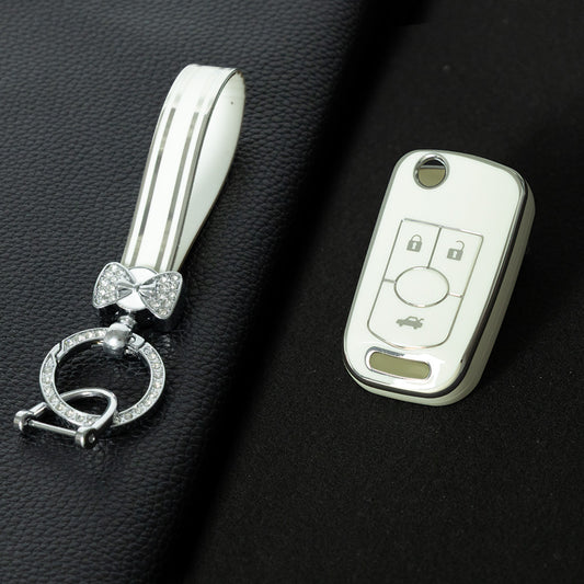 BUD1T1 White-Silver Plating TPU Premium Soft Car Key Case Cover Shell for Buick Old LaCrosse 06 07 08 Year Fold Protection Key Rings Keychain Bag Accessory