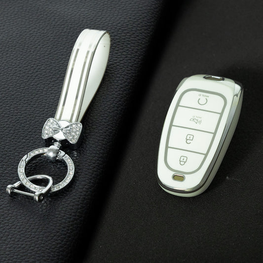 HYE6T1 White-Silver Plating TPU Car Key Case Cover for Hyundai Tucson 2022 Santa Fe NEXO NX4 Atos Prime Solaris