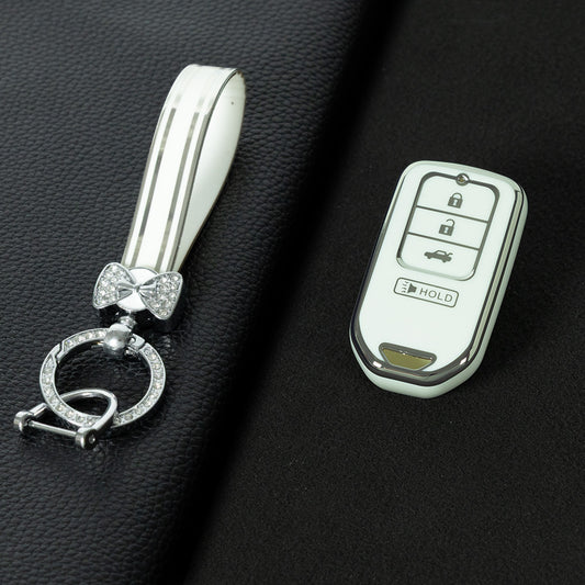 HOA10T1 White-Silver Plating TPU Car Key Case Cover for Honda Accord Civic Passport Pilot Odyssey Ridgeline HRV CRV