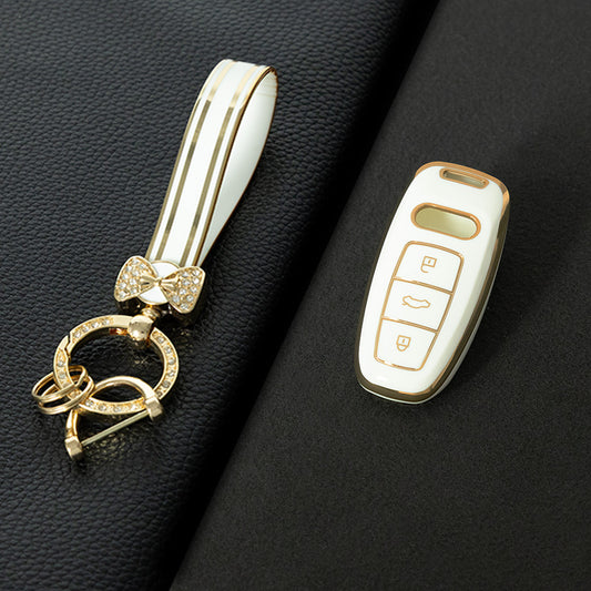 AUC1T1 White-Gold Plating Car Key Cover Premium Soft TPU Car Key Case Cover Shell Accessory for Audi A6L A4L Q5L A6 A8 Q7 New Key Rings Keychain Bag