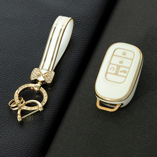 HOB1T1 White-Gold Plating Car Key Cover For Honda Civic Accord HR-V CR-V CRV 2021 2022 2023 5Buttons Auto Shell Fob Holder TPU Car Key Case Cover Keychain Accessories