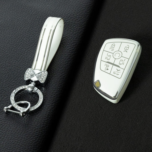 CEV9T1 White-Silver Plating Tpu Car Key Case Fob Cover Shell for Chevrolet Tahoe Suburban for GMC Yukon for Buick ENVISION S Plus Avenir 2020 2021 2022 2023