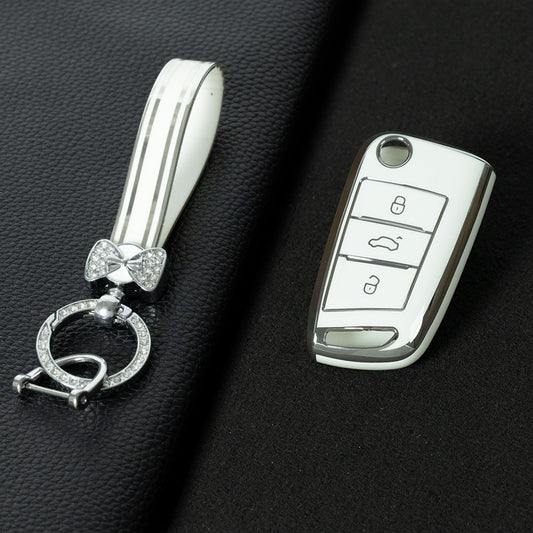 VOL1T1 White-Silver Plating TPU Car Key Case for Volkswagen's Old Passat