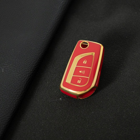 TOA1T1 Red-Gold Plating Car Key Cover Premium Soft TPU Car Key Case Cover Shell for Toyota COROLLA camry LEVIN REIZ highlander RAV4 Fold Key Rings Keychain Bag