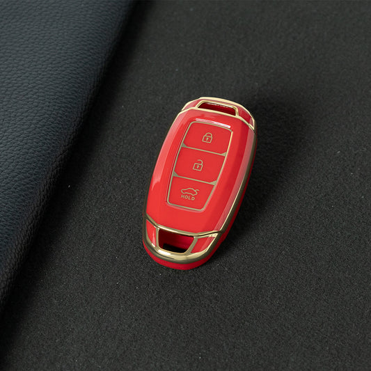 HYA1T1 Red-Gold Plating Car Key Cover 3 Buottons TPU Car Key Case Cover Shell Fob Holder for Hyundai Palisade Limited Palisade Elantra Sel Elantra Santa Fe Veloster