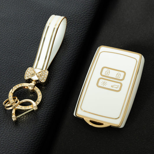 REA1T1 White-Gold Plating Car Key Cover TPU Premium Soft Car Key Case Cover Shell for Renault Koleos Kadjar Talisman FLUENCE CAPTUR Key Ring Keychain Bag Accessory