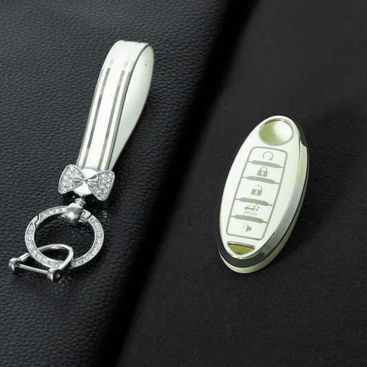 NIB6T1 White-Silver Plating Car Key Cover Silver Edge TPU Car Key Cover Keychain Fob Case Accessories for Nissan Note Qashqai Pathfinder Rogue Versa Infiniti Q50 Kia