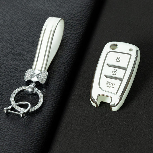 HYB2T1 White-Silver Plating TPU Car Key Case Cover for Hyundai Solaris 2 Elantra I30 I35 I40
