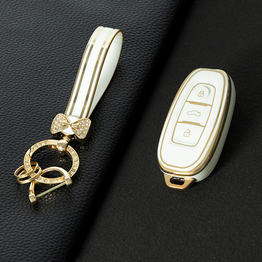 HNC1T1 White-Gold Plating Soft TPU Car Key Case Cover Shell for Hongqi BESTURN B50 B70 E-HS3 H5 H7 Saloon H9 HQ3 HS5 HS7 SHENGSHI Key Rings Keychain Bag