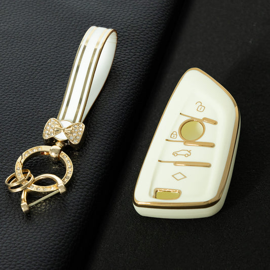 BMB1T1 White-Gold Plating Car Key Cover For BMW 1 2 3 4 5 6 7 Series X1 X2 X3 X5 X6 X7 Smart Key Ring Holder Keychain Car Accessories