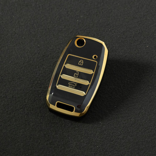KIE1T1 Black-Gold Plating Car Key Cover Fashionable Soft TPU Key Fob Cover for Kia Rio K3 2014-2016 Model-Year Protective Car Key Accessory