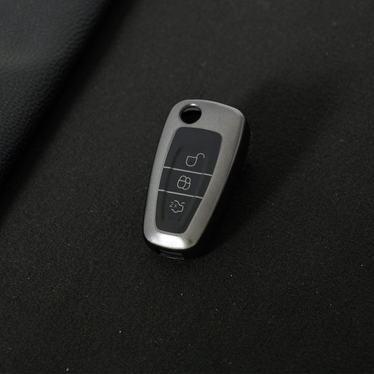 FOD1T1 Black-Metal Gray Plating Car Key Cover TPU Car Folding Key Case Cover Bag Keychain for Ford Focus C-Max S-Max Galaxy Mondeo Ranger Transit Tourneo Custom