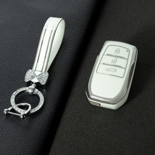 TOC1T1 White-Silver Plating Car Key Cover For TPU Soft Car Key Fob Cover Smart Key Shell Case Protector Suitable for Toyota Corolla Camry Levin RAV4 Reiz