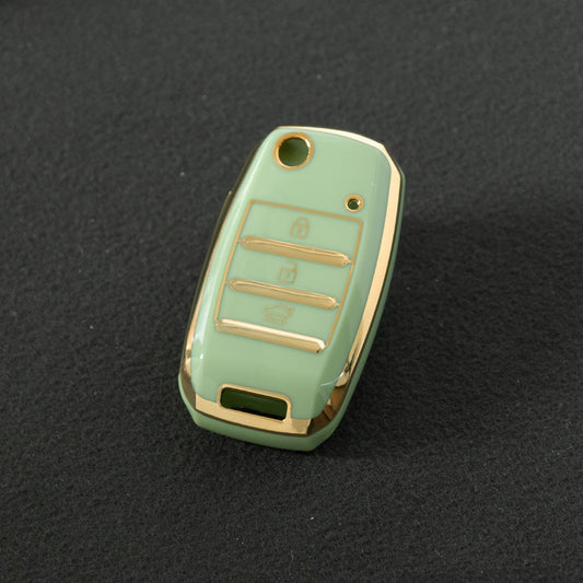 KIE1T1 Green-Gold Plating Car Key Cover Fashionable Soft TPU Key Fob Cover for Kia Rio K3 2014-2016 Model-Year Protective Car Key Accessory