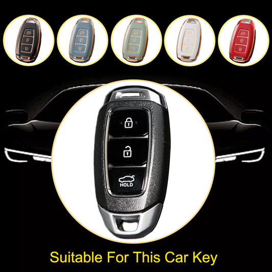HYA1T1 Black-Gold Plating Car Key Cover 3 Buottons TPU Car Key Case Cover Shell Fob Holder for Hyundai Palisade Limited Palisade Elantra Sel Elantra Santa Fe Veloster