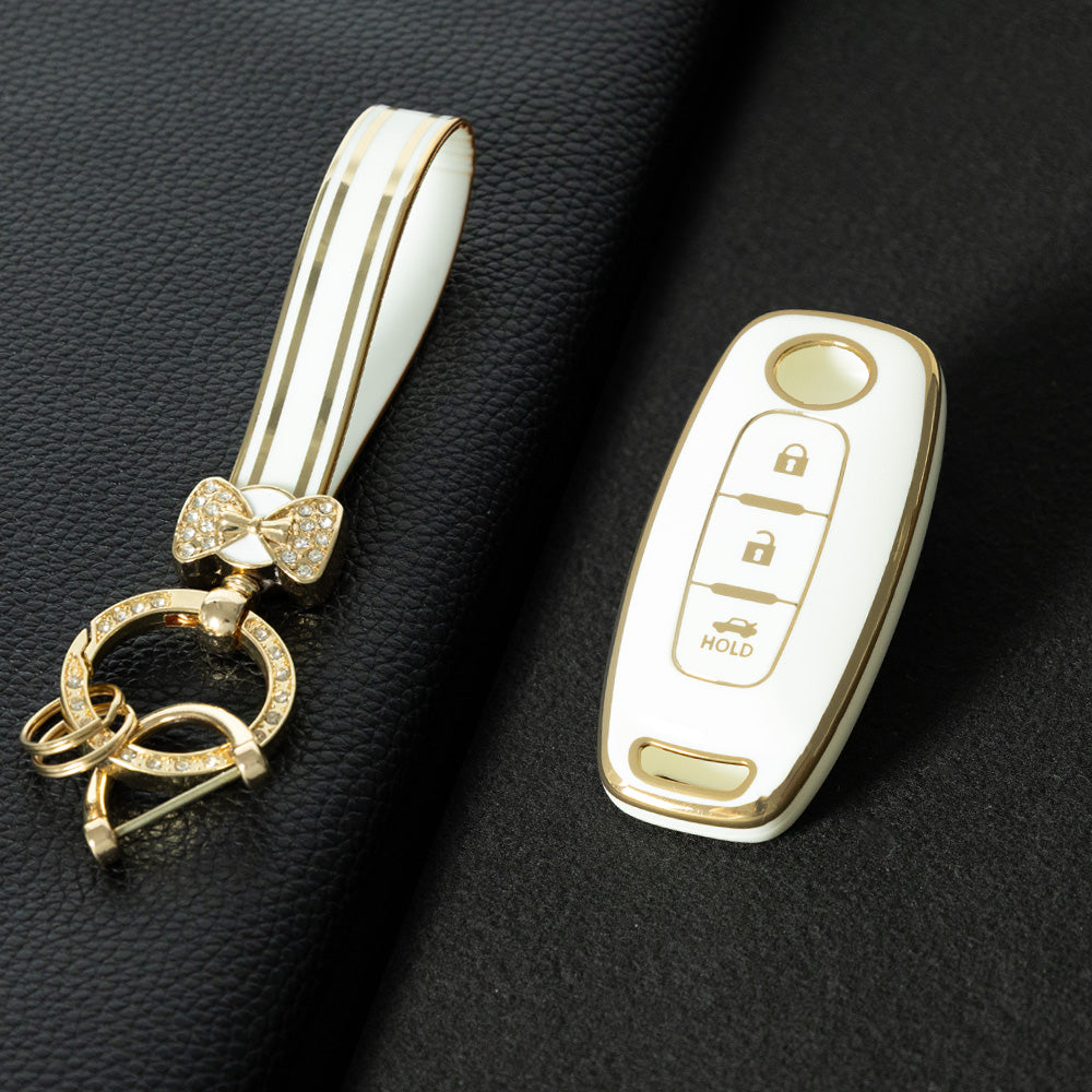 NIA2T1 White-Gold Plating TPU Car Key Cover Car Key Case for Nissan Altima Murano Sentra Rogue Armada Pathfinder Infiniti FX35