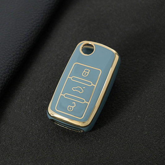 VOB1T1 Granny Grey-Gold Plating Car Key Cover For Volkswagen Sagitar PASSAT CC Polo Skoda Key Rings Keychain