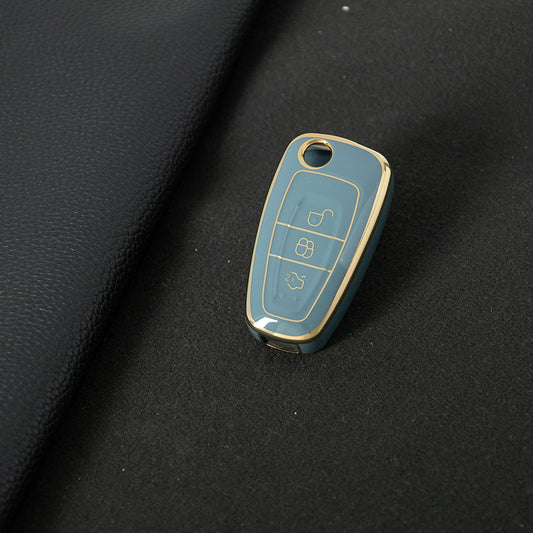 FOD1T1 Granny Grey-Gold Plating Car Key Cover TPU Car Folding Key Case Cover Bag Keychain for Ford Focus C-Max S-Max Galaxy Mondeo Ranger Transit Tourneo Custom